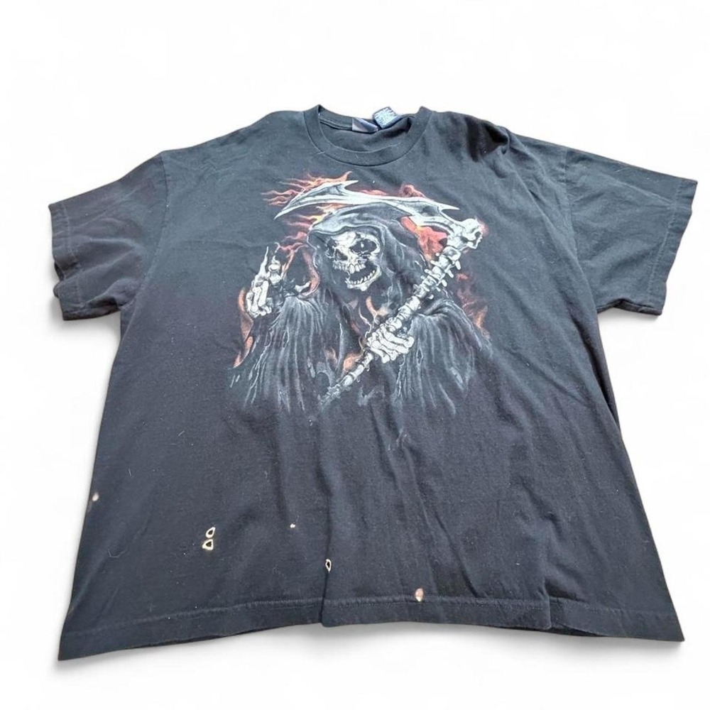 Y2K Thrashed Flaming Skeleton with a Scythe Graphic T-Shirt